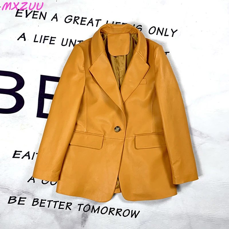 Chaqueta de cuero auténtico para mujer, traje amarillo de manga larga con un solo botón, abrigo suave de piel de oveja, chaqueta elegante ajustada