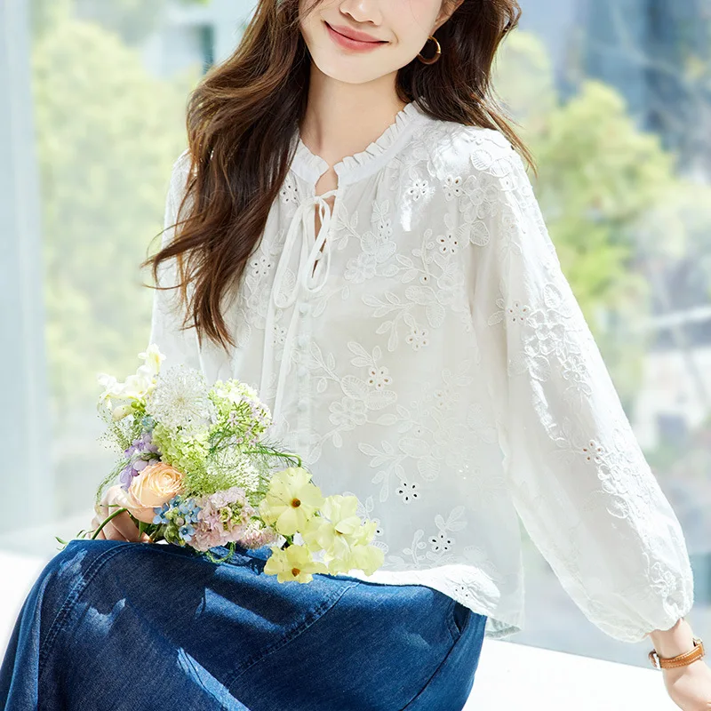 

Ele Pure Cotton Long Sve irt Women's Embroidered Hollow out Top Cotton Silk Le Ear Musoom Collar irt