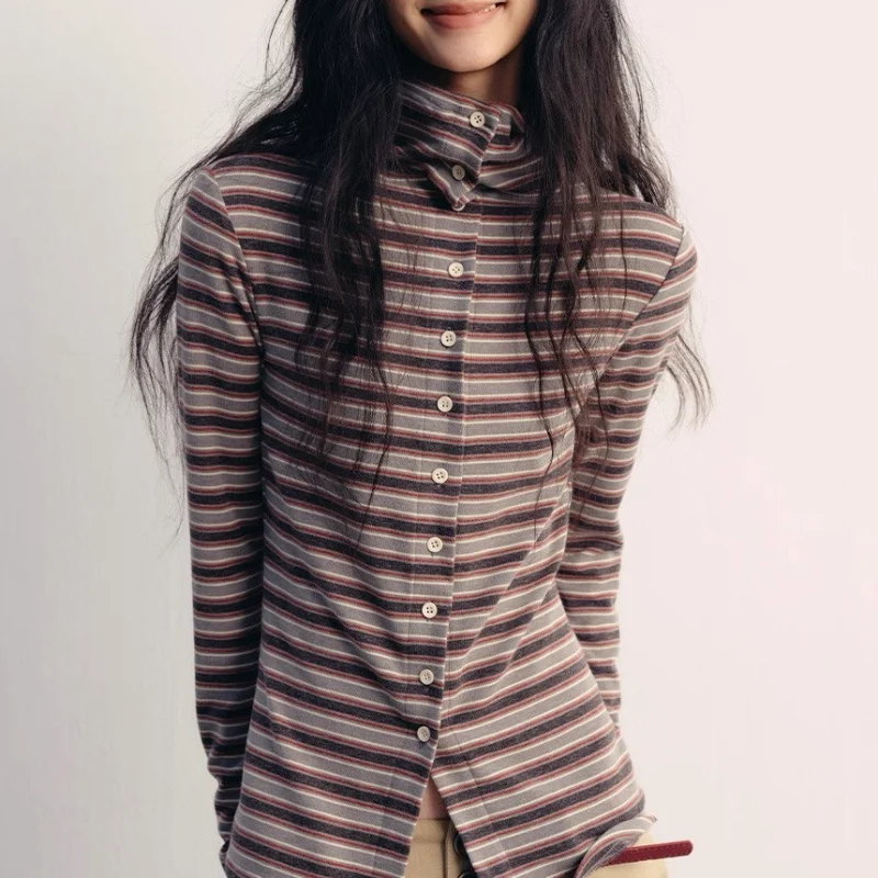 American Vintage Striped High Neck Button Blouse Women Slim Fit Basic Long Sleeve Top