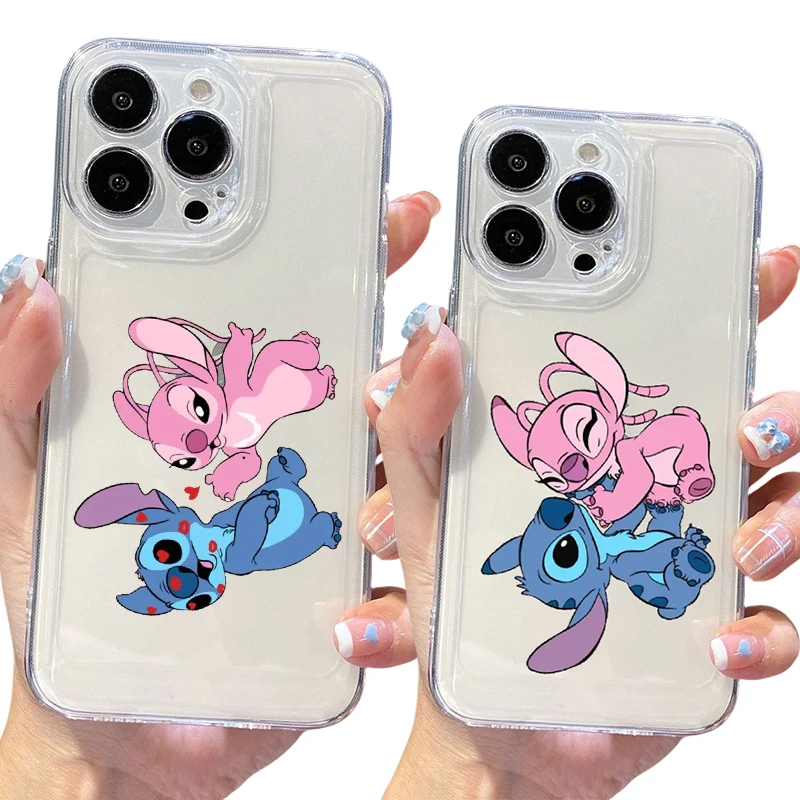 Couples Anime Stitch Transparent Mobile Phone Case for X XR 11 12 13 14 15 16 Plus Pro Max Kawaii All-inclusive Protective Cover