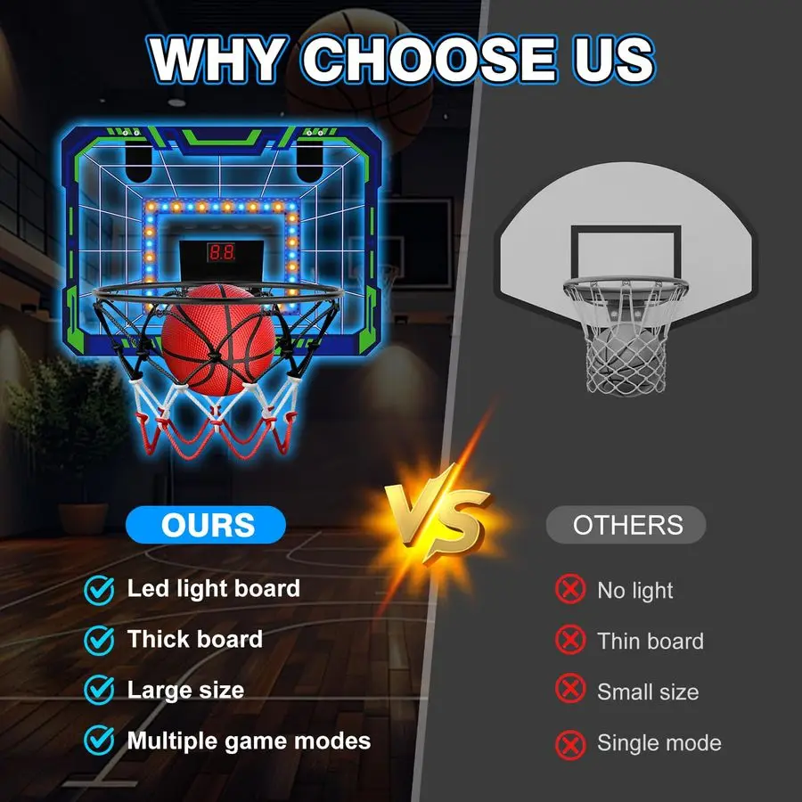 طوق كرة سلة داخلي فوق الباب، طوق كرة سلة صغير مع لوحة نتائج LED، صوت أضواء، يتضمن 4 كرات ممتعة لعيد الميلاد f