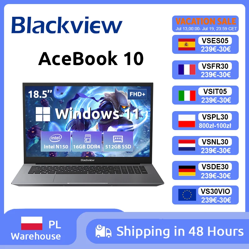 Laptop Blackview ACEBOOK 10, ekran 18.5 cali FHD, bateria 8000mAh, procesor Intel N150, Windows 11, 16GB RAM, 512GB, BT5.2, WiFi 6, komputer stacjonarny i przenośny.