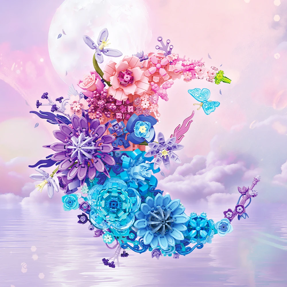 Ramo educativo 3D, juguete de bloques de construcción de flores y Luna, adornos de modelo de simulación creativa, regalo para niños, decoración del hogar