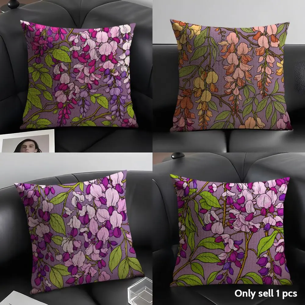 Purple Wisteria Flower Cushion Cover Linen Organic Fabric Double-Sided Printing Sofa Breathable Home Decor Gift Pillow Case