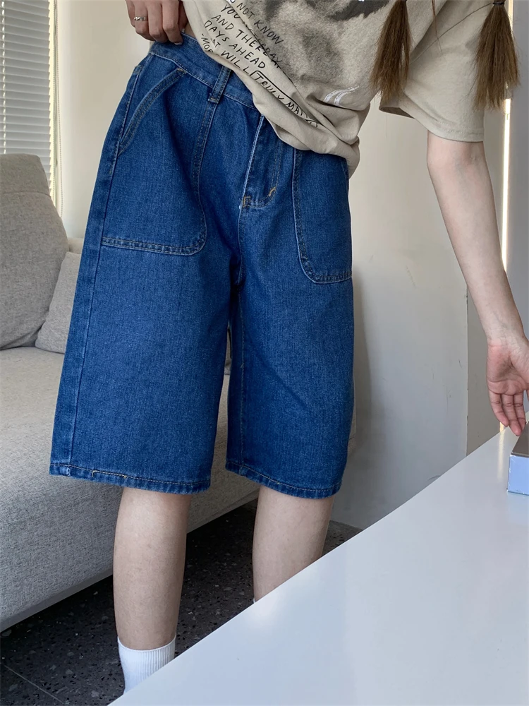 Loose Neutral Large Pocket Wide Leg Denim Half Pants Women\'s Summer American Street Casual A-Line Blue Shorts Female