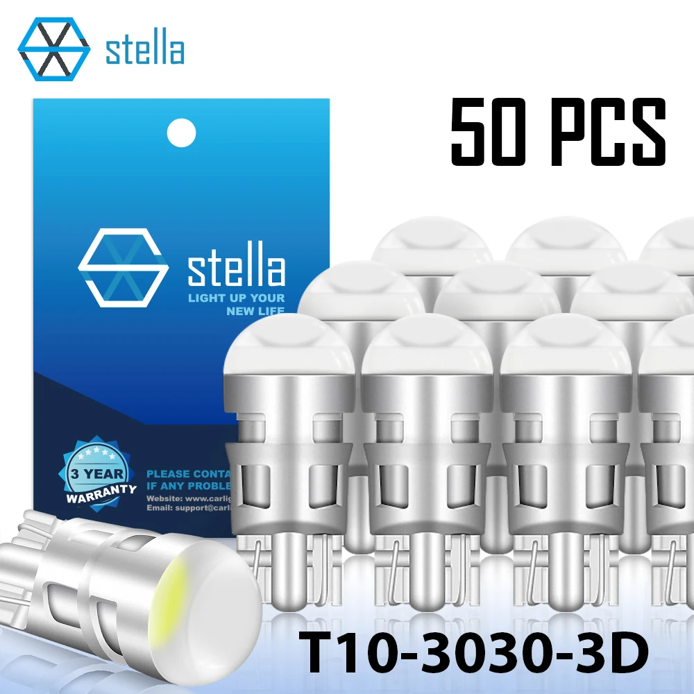 

Stella 50 шт. Автомобильный светодиодный светильник T10 с линзой 12 В, 3D блестящая лампа, внутренние сигнальные лампы для чтения, большой чип, резервные огни заднего хода