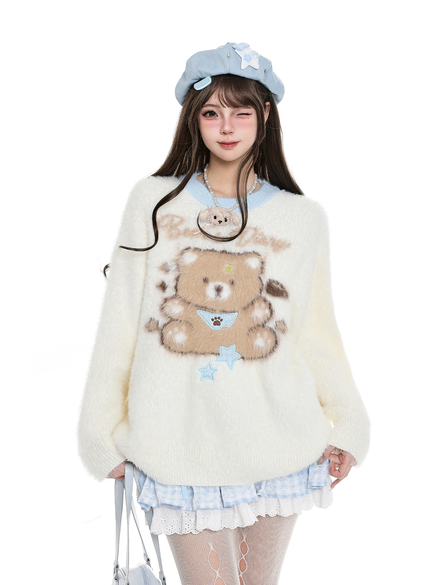 

Теплый вязаный свитер с милым медвежьим узором для женщин, свободный крой, облегающий, мягкий, уютный, из искусственного меха, устойчивый к истиранию