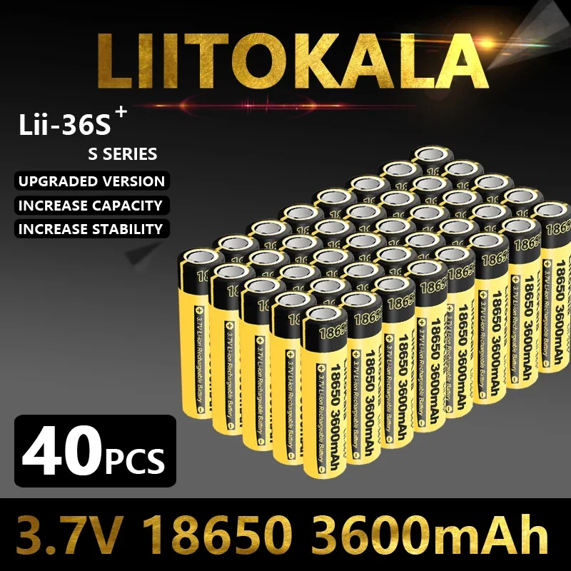 Lii-36S LiitoKala, 40 buah 18650 3600mAh 3.7V baterai Li-Ion isi ulang 20A debit untuk senter mobil lampu LED