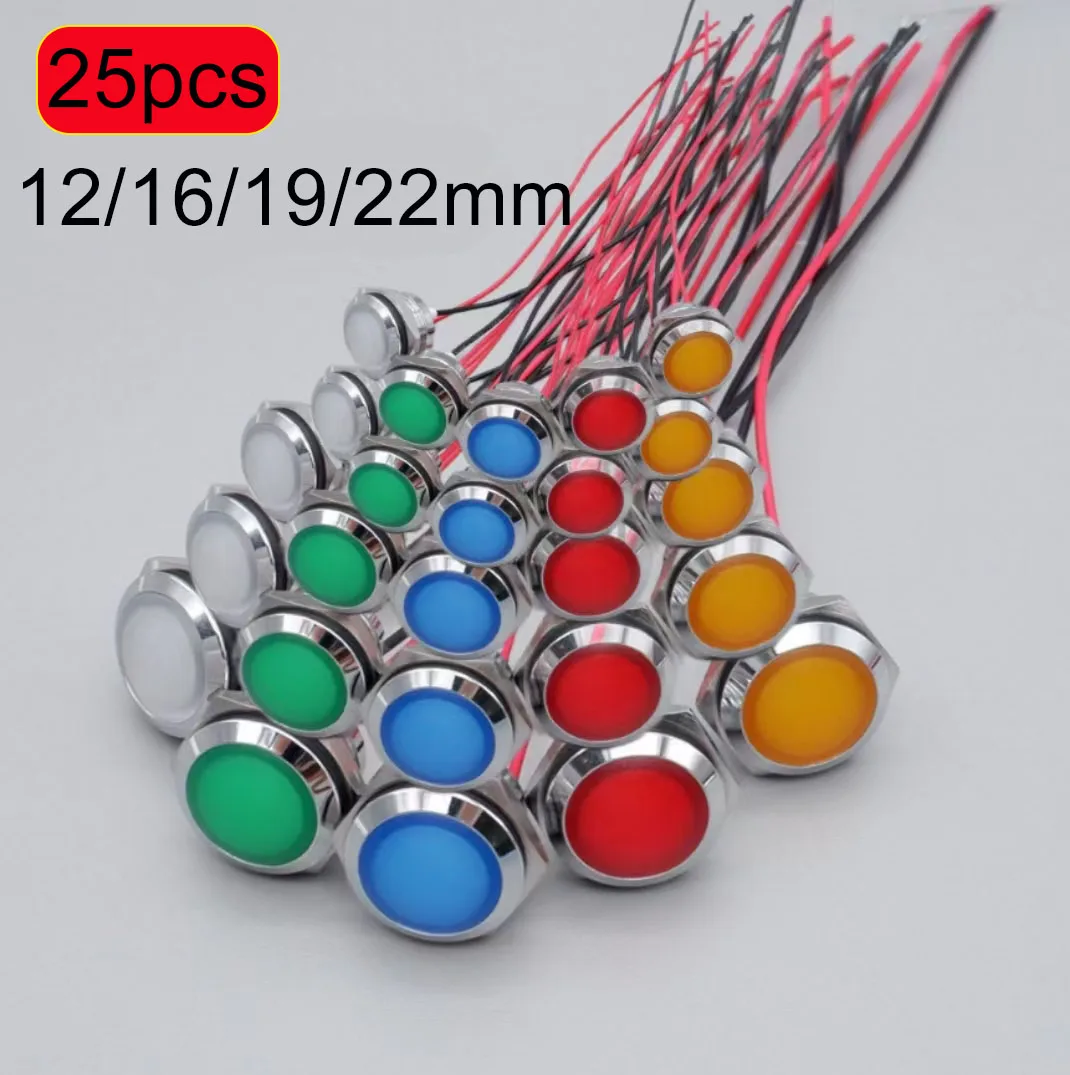 

25pcs Metal LED Indicator Light 12mm 16mm 19mm 22mm Warning Signal Lamp Pilot with Line Waterproof 12V 24V Red Blue Green Orange