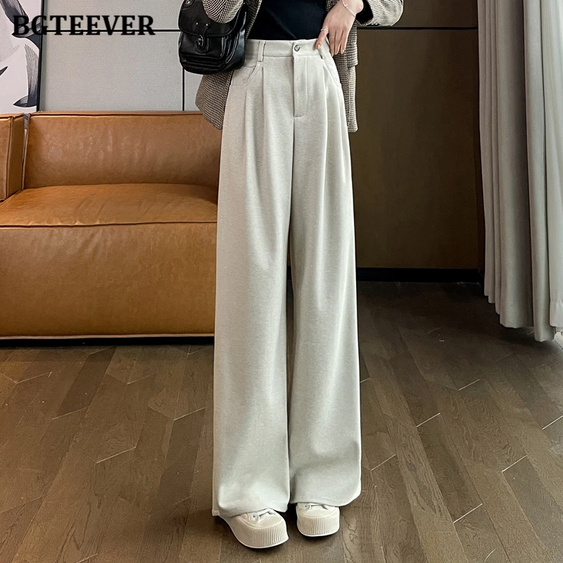

BGTEEVER Fashion Autumn Winter Loose Pockets Women Floor-Length Wide Leg Trousers Casual High Waist Ladies Woolen Suit Pants