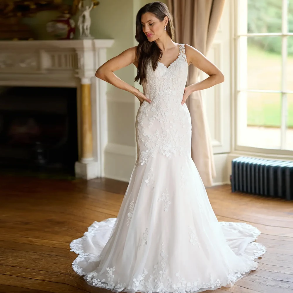 Свадебные платья с V-образным вырезом и широкими бретелями, свадебные платья с аппликацией, кружевные вечерние платья на пуговицах, тюль с цветочным принтом свадебное платье