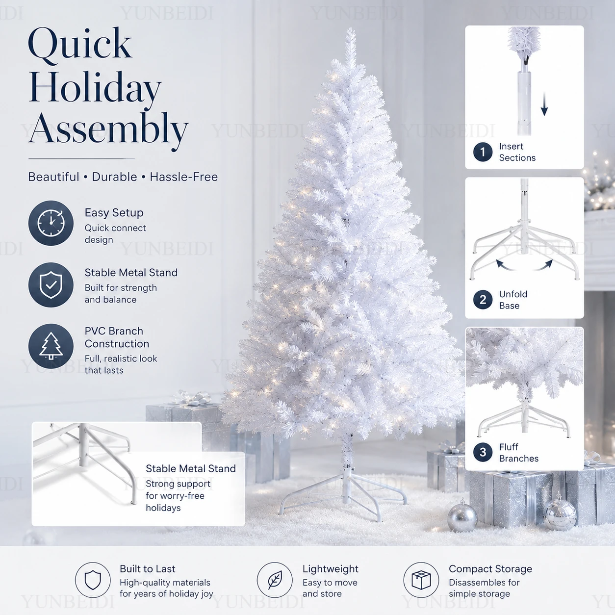 White Artificial Christmas Tree PVC Encrypted  LED Lights, Large Christmas Tree, Family Christmas Party Decoration, 120 To 210CM