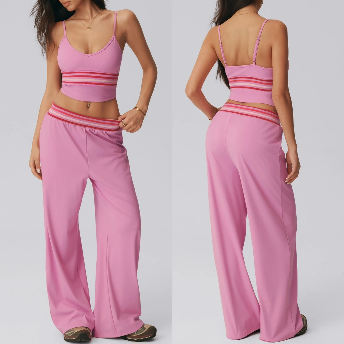 Women 2Pcs Pilates Yoga Set V Neck Cami Tank Top Striped Waist Wide Leg Pants Casual Daily Wear Outside Workout Clothes Gym Set