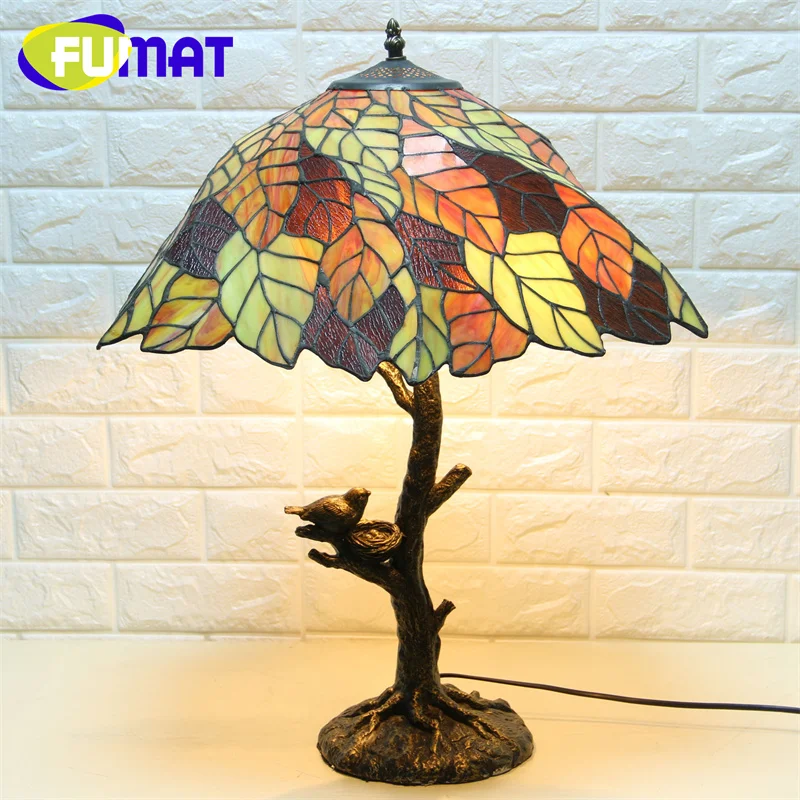 

FUMAT Tiffany Vintage stained glass Lamp Creative leaf pastoral style decor living room study bedroom eye protection lamp