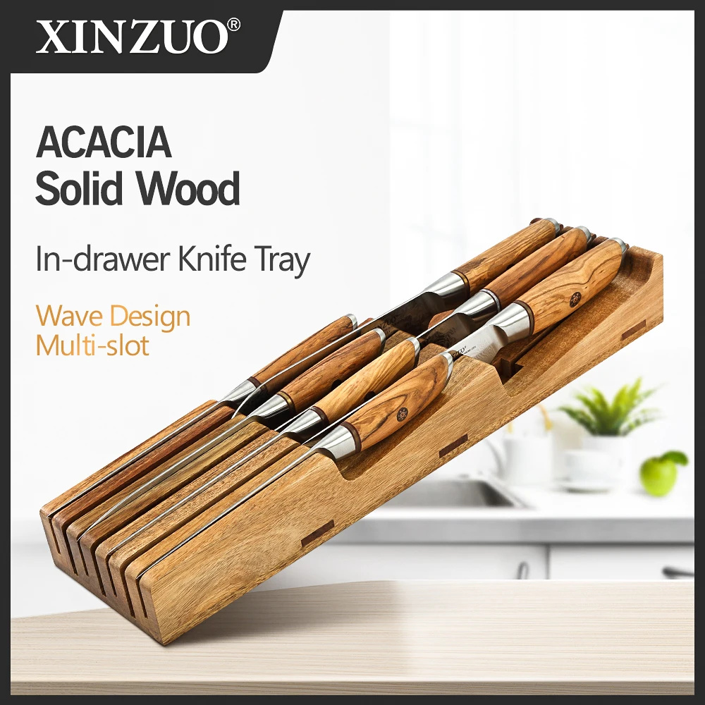 XINZUO 7 Slots In-drawer Knife Tray Acacia Wood Knife Organizer Kitchen Drawer Cutlery Storage Tableware Organizer Container