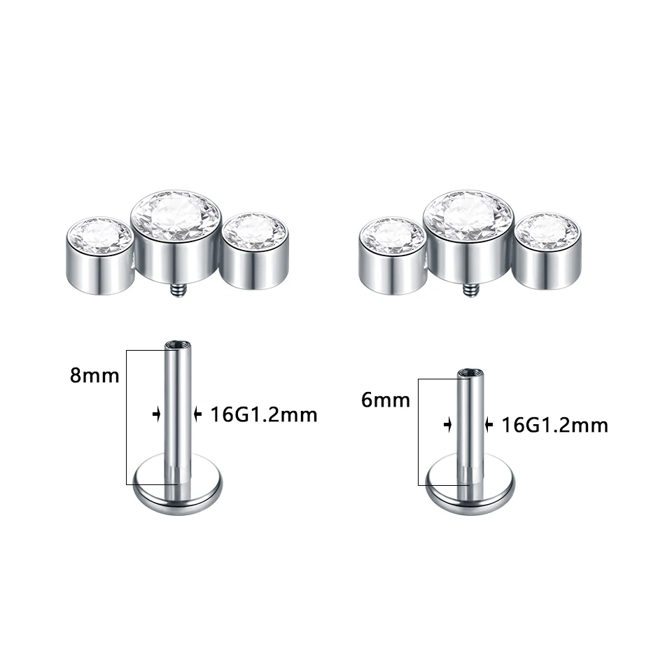 1PC G23 Titanium 3 Gems Ear Tragus Piercing 16G CZ Cartilage Piercing Stud Helix Jewelry Conch Rook Lobe Earrings Labret Stud