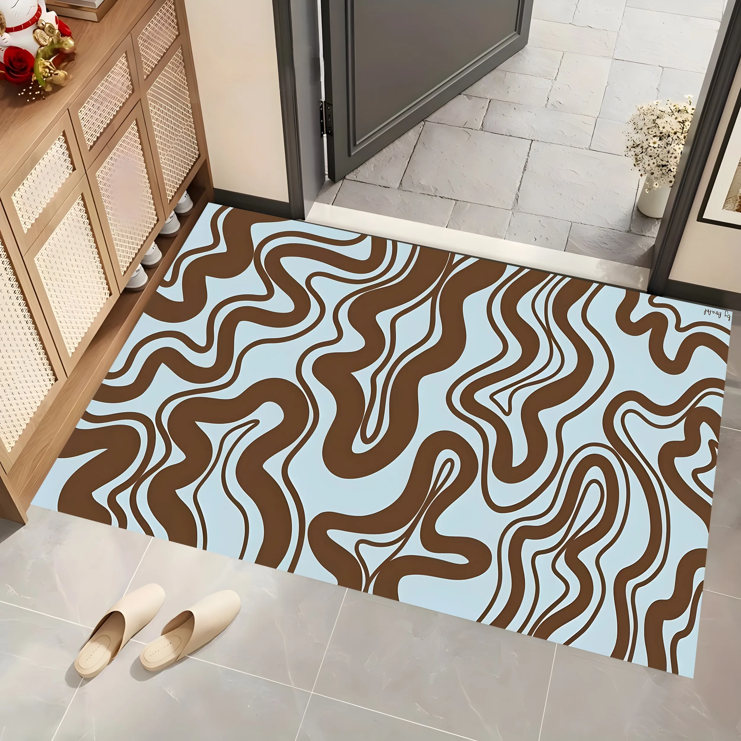 Light Blue Brown Irregular Wave Rug, Abstract Art Carpet for Living Room Bedroom, Modern Home Decor