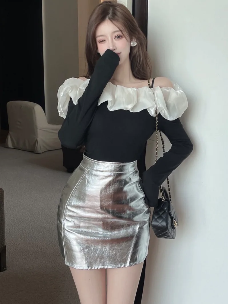 

Faionable Long Sve T-irt Women's Spring Autumn Winter Pure Color Gentle Colion Color One oulder Bordered Top