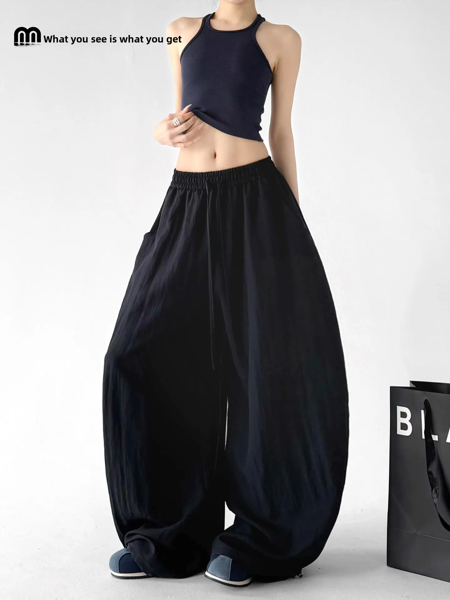 

Женские брюки с высокой талией и широкими штанинами, свободные, тонкие, быстросохнущие, летние, новая модель, черные, повседневные, удобные, свободного кроя