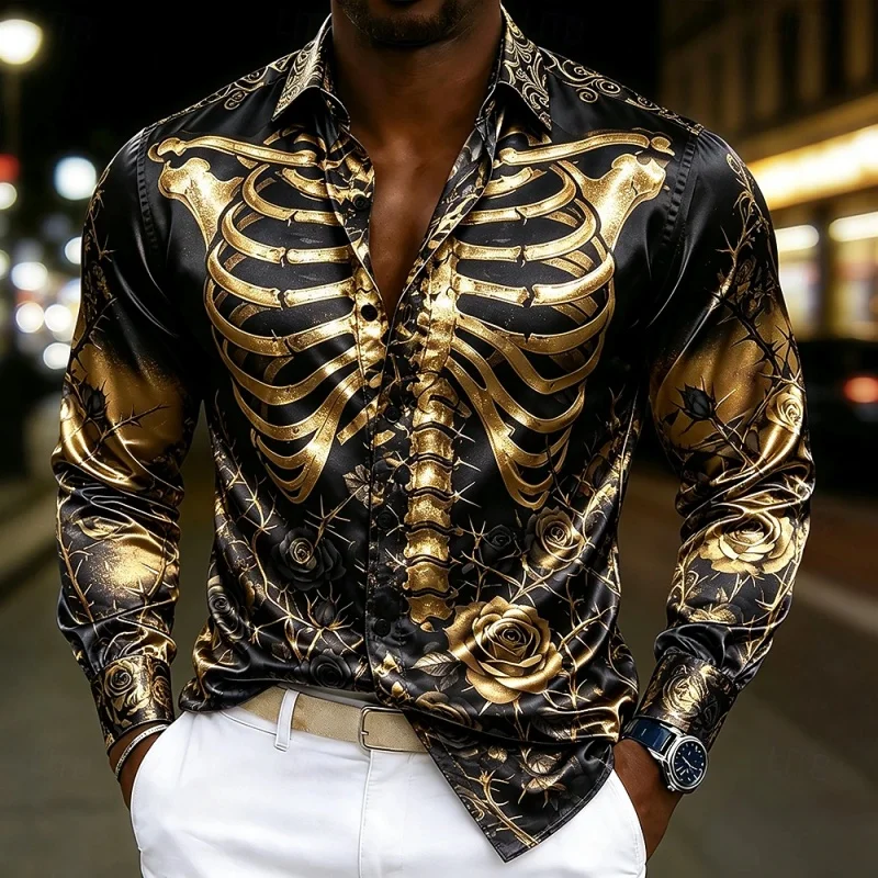 2026 new men's shirt personalized skeleton rose skeleton print trendy party casual lapel men's comfortable fabric XS-6XL