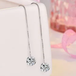Shiny Round Crystal Drop Earrings for Women Silver Color Ear Line Dangle Earrings Wedding Party Long Earrings Fashion Jewelry