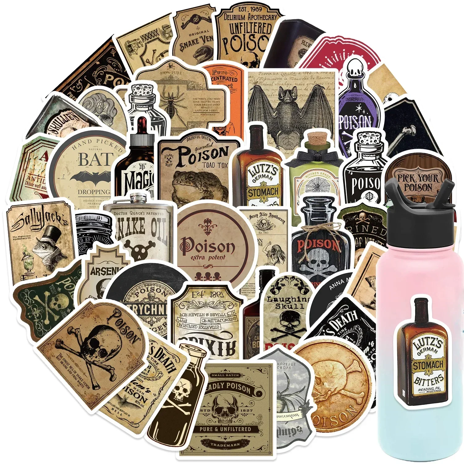 50pcs Horror Retro Arsenic Poison Label Stickers Gothic Potion Halloween Graffiti Sticker Phone Skateboard Scrapbook Decal