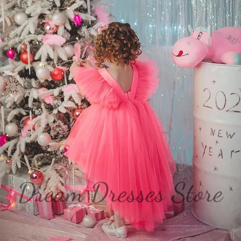 半袖チュールフラワーガールドレス ピンク フロントショートバックロング ベビーかわいいパーティーボールガウン バックレスクリスマスフェスティバルドレス