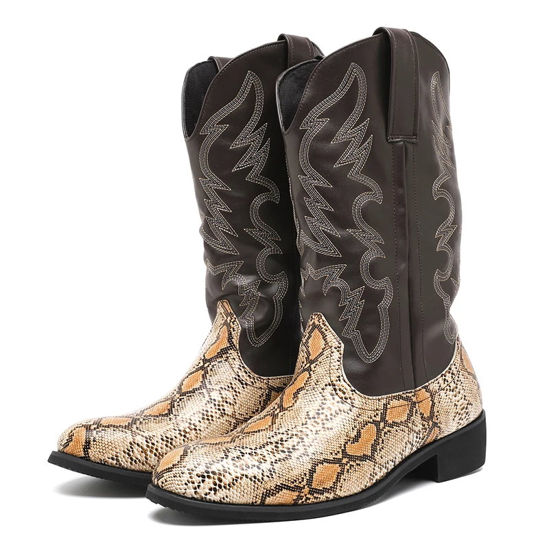 Retro Men Women Boots Golden Head Snake Skin Faux Leather Winter Shoes Embroidered Western Cowboy Boots Unisex Footwear Big Size