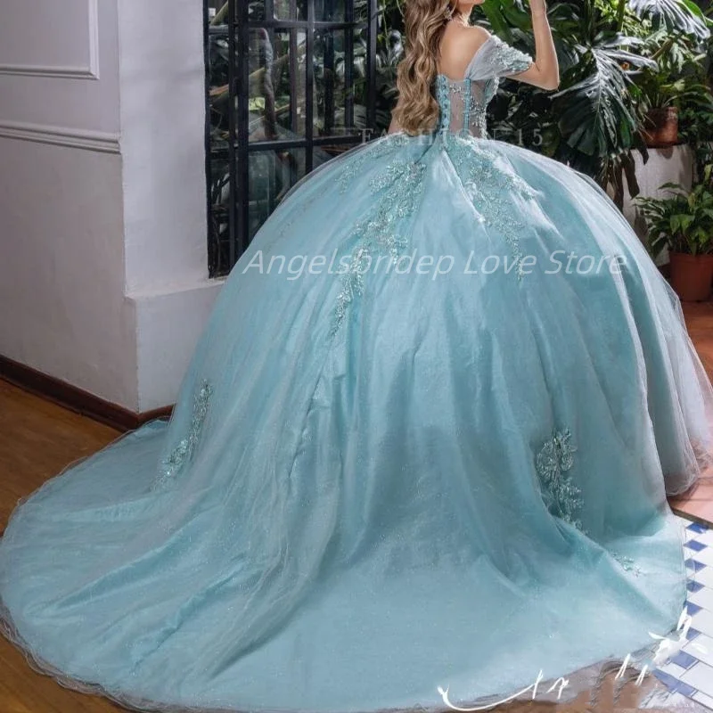 Angelsbridep personalizado brilhante tule vestido de baile quinnceanera vestidos 2025 luz azul vestido de festa de baile de 15 quinceañera