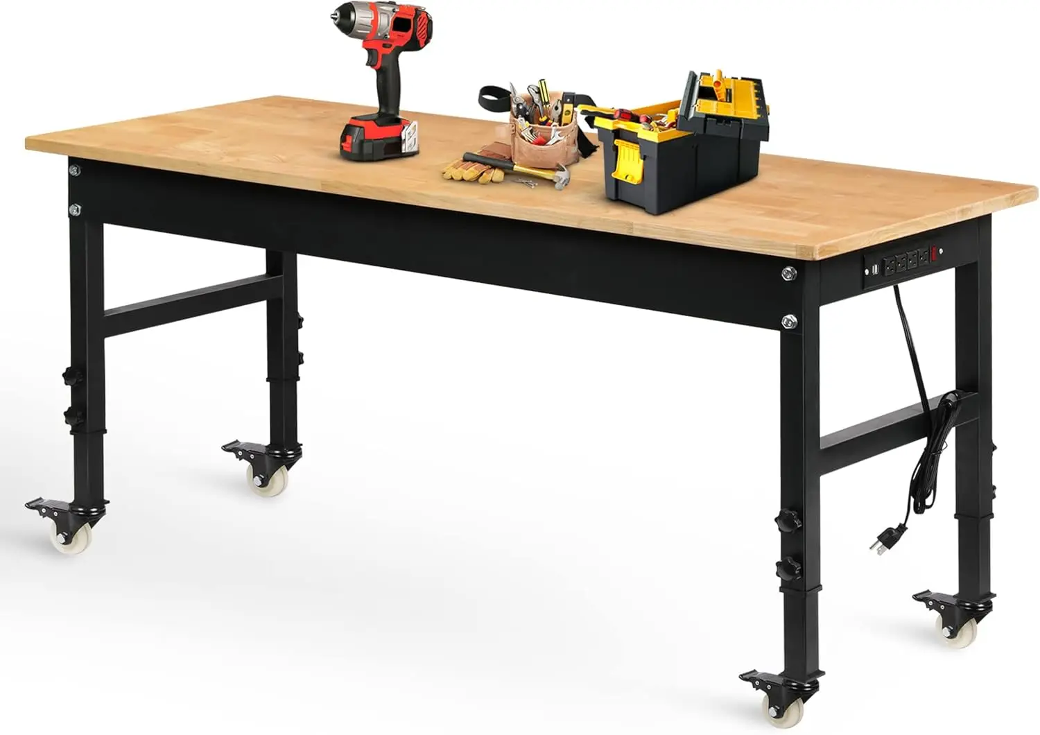 

60" Adjustable Workbench for Garage Rubber Wood Heavy Duty Workstation with Power Outlets & Wheels 2000 LBS Load Capacity