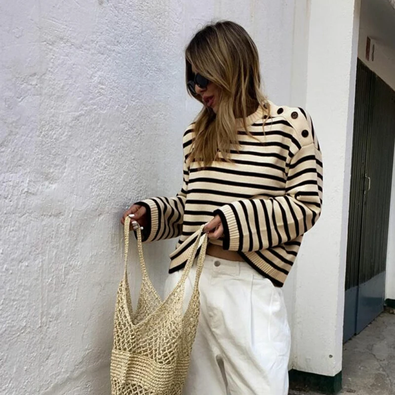 

Women's Black Striped Shoulder Button Cropped Knitted Sweater Long Sleeve Autumn Winter Casual Loose Fit Daily Fashion Pullover