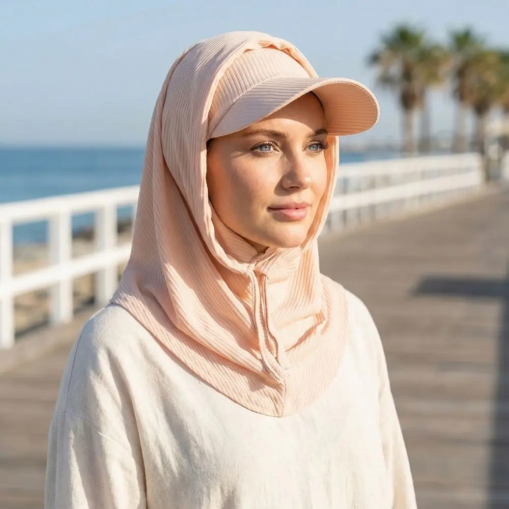 

Casual Sun Hat with Hood Solid Color Wide Brim Muslim Headscarf Hat Sun Protection UV Resistant Balaclava Hat Motorcycle Sports