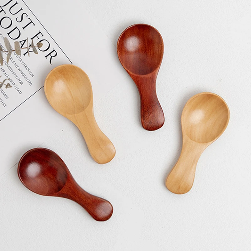 2Pcs Small Little Wooden Spoon Scoop Short Handle Wood Salt Sugar Spice Tea Measure Scoop Mini Milk Powder Spoon Kitchen Gadgets