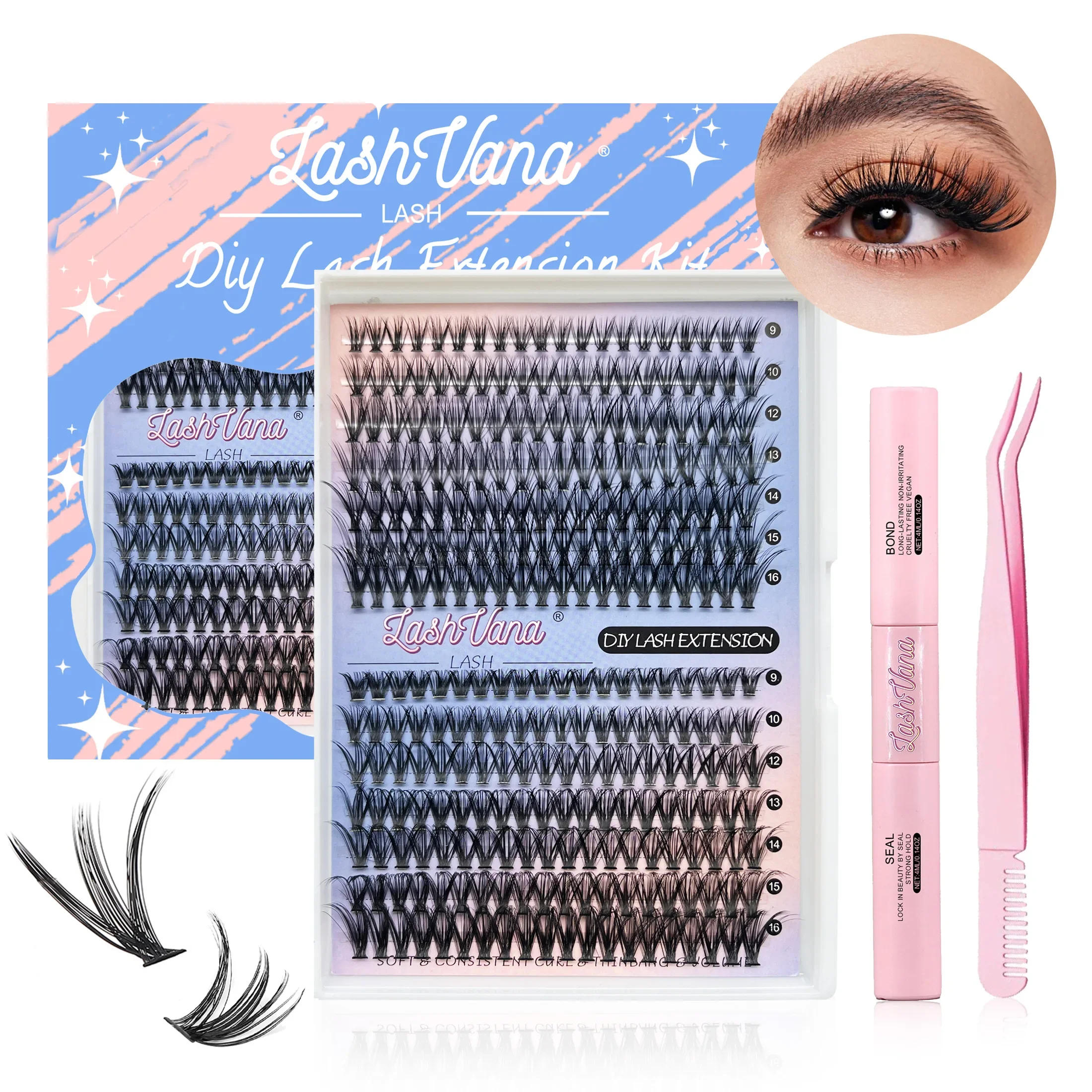 کے لیے DIY Lashes ایکسٹینشن کٹ آئی لیشز 240 PCS 8-16mm کلسٹرز لیش بانڈ اور سیل میک اپ ٹولز Gluing Lashes Gluing Glue