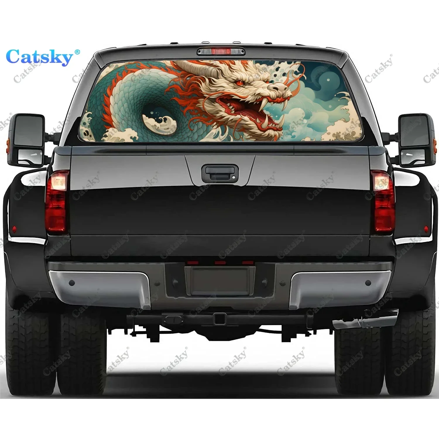 

Dragon And Sea With Flowers Rear Window Decal Fit Pickup,Truck,Car Universal See Through Perforated Back Window Vinyl Sticker