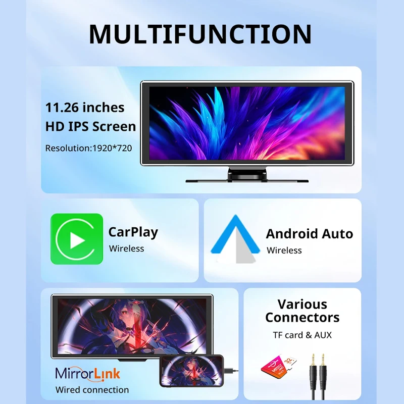 11.26-inch wireless in-car CarPlay and Android Auto portable dash cam, supporting phone mirroring and voice assistant activation