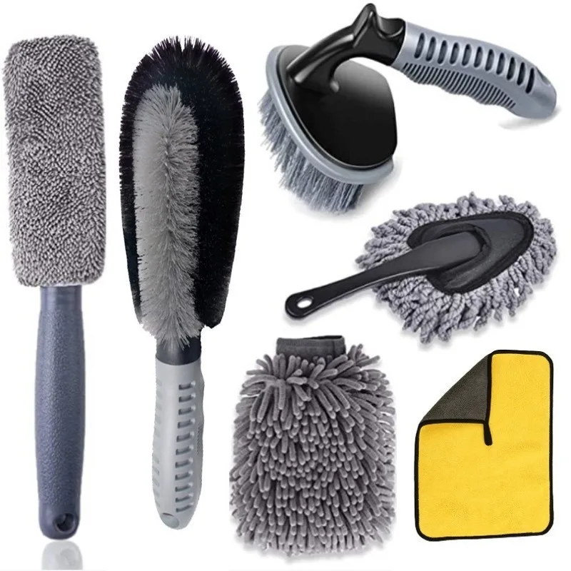 Cross-border Hot-selling Car Cleaning Car Wash Brush T-shaped Curved Handle Wheel Hub Brush Foot Pad Steel Ring Set