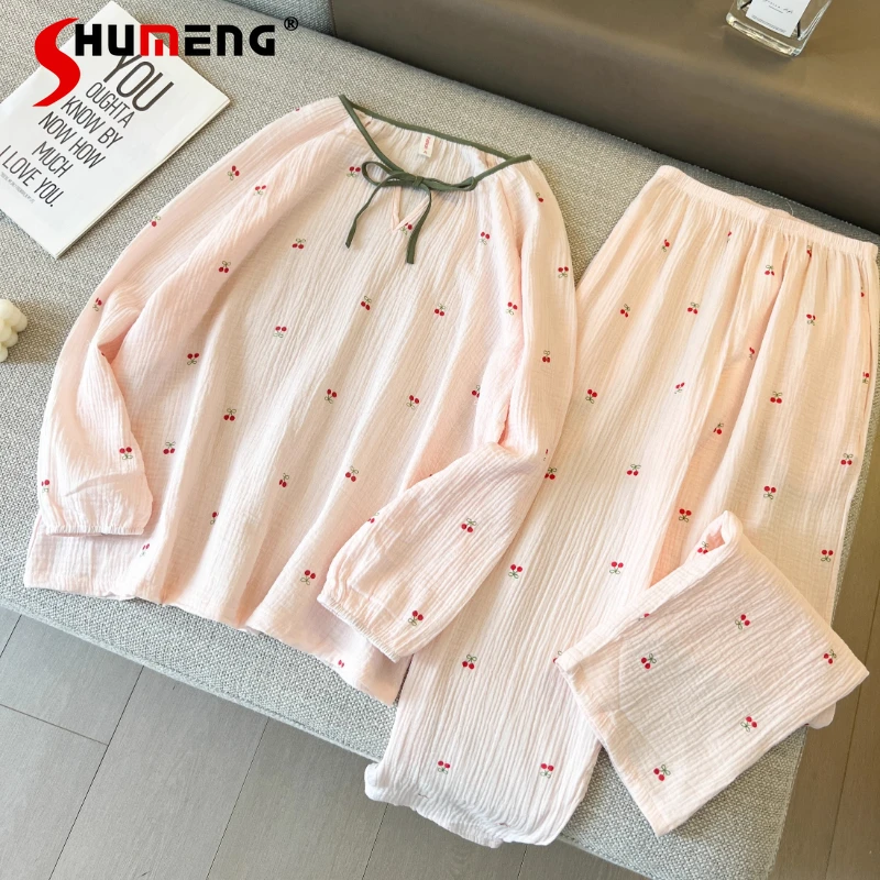 

Japanese Style Pink Print Cotton Loungewear Women New Home Wear Long Sleeve Two Piece Set Female Gauze Autumn Pajamas