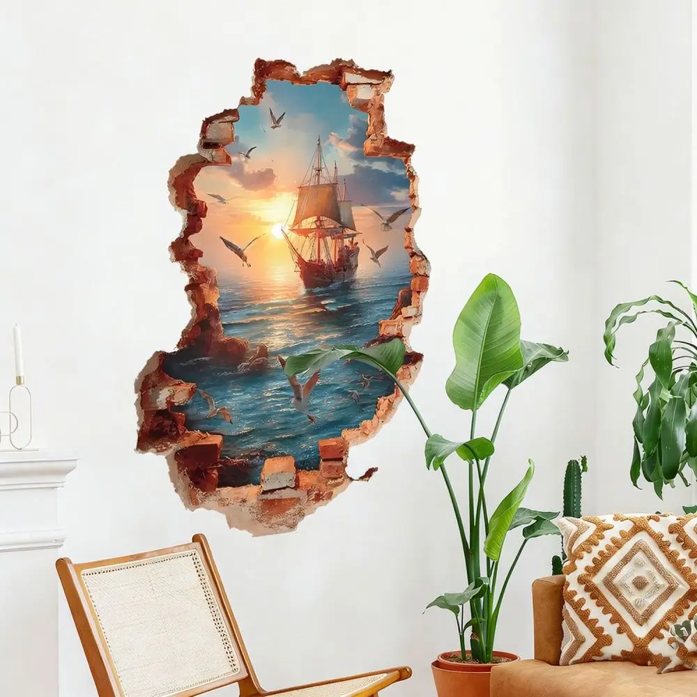 Creative 3D Sailboat Ocean Wall Sticker Broken Wall Effect Mural Removable Vinyl Decal For Home Room Decoration