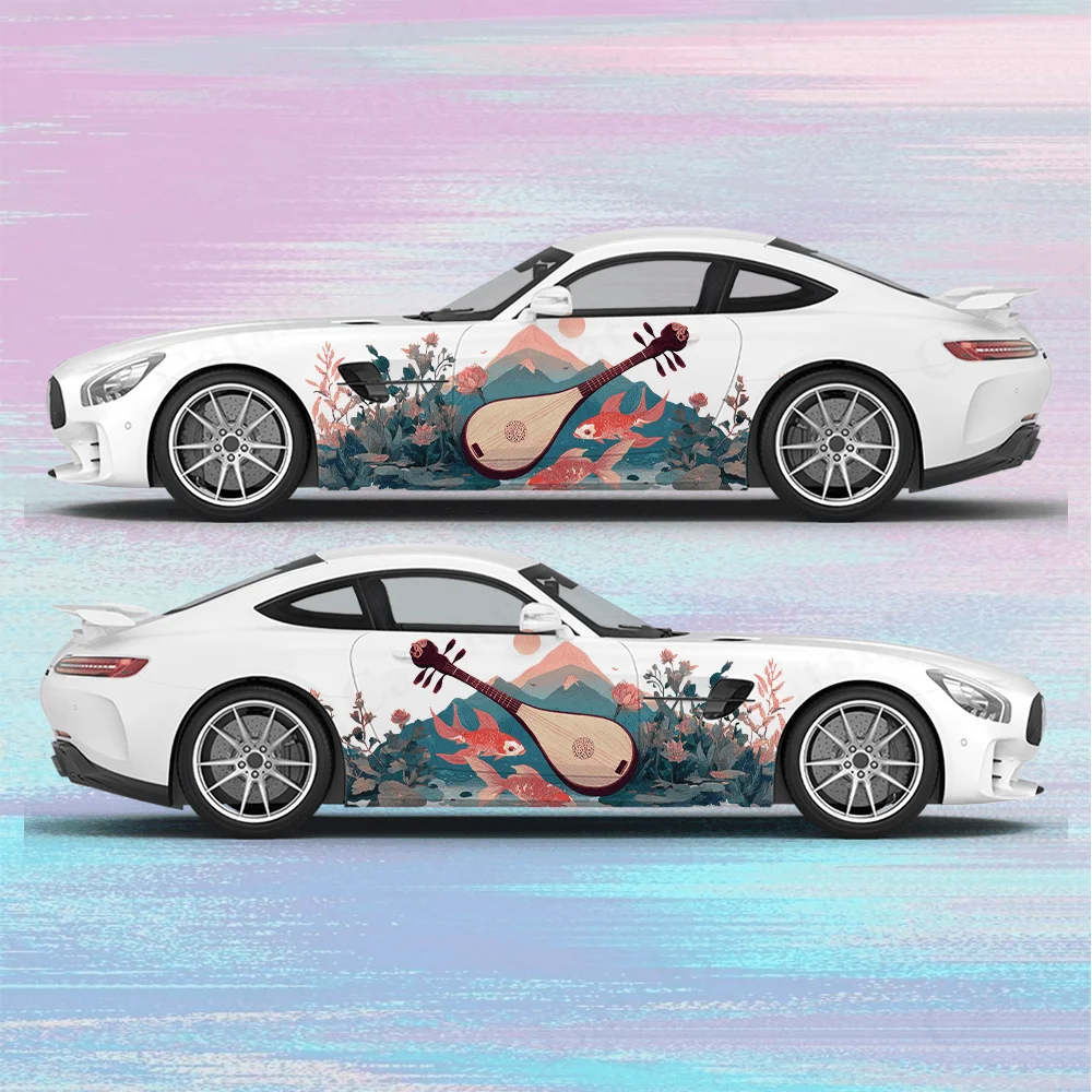 

Chinese classical instrument Pipa, car sticker with Koi fish decal full body floral decoration covering scratches, waterproof ca