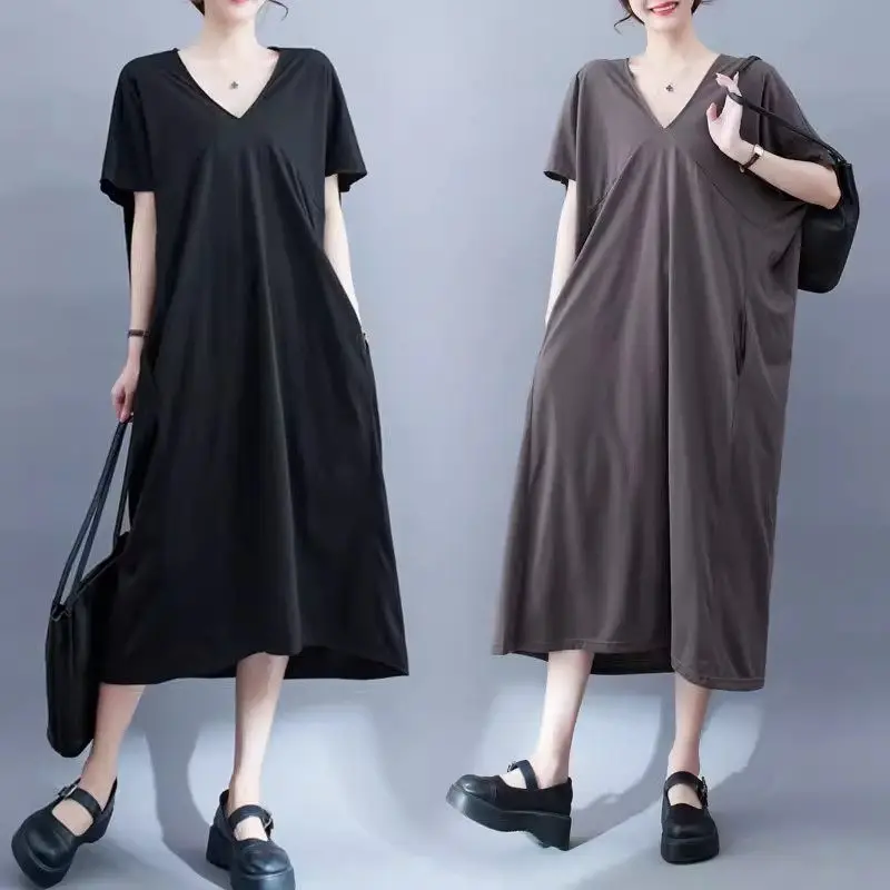 Large Size Women's Loose And Lazy Style V-Neck Bat Sleeve Dress 2024 Summer Korean Version Casual Long T-Shirt Dress K1998