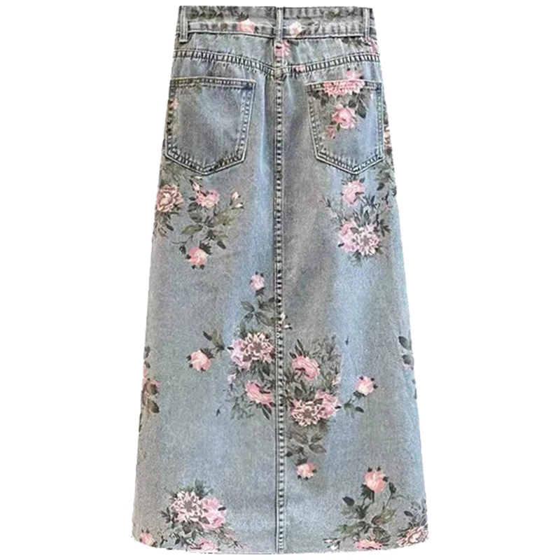 Floral Print Denim Long Skirts Womens Summer Vintage Maxi Jeans Skirt Size S - 5XL Side Split High Waist Women Long Skirt Korean