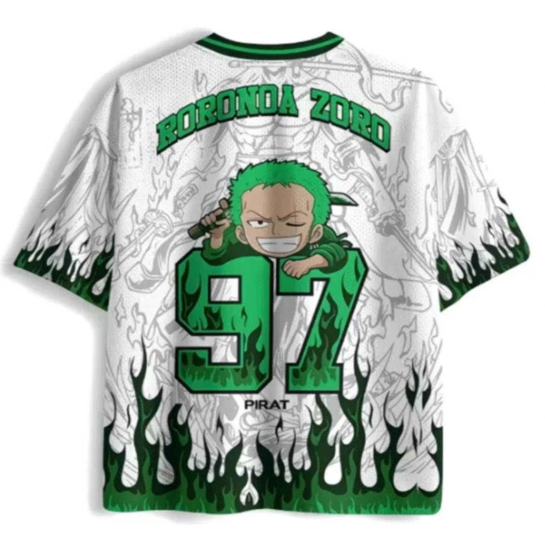 One Piece White Green Flame V-neck Breathable Mesh Anime Q-Version Solon Number 97 Pattern Sports and Leisure Loose T-shirt