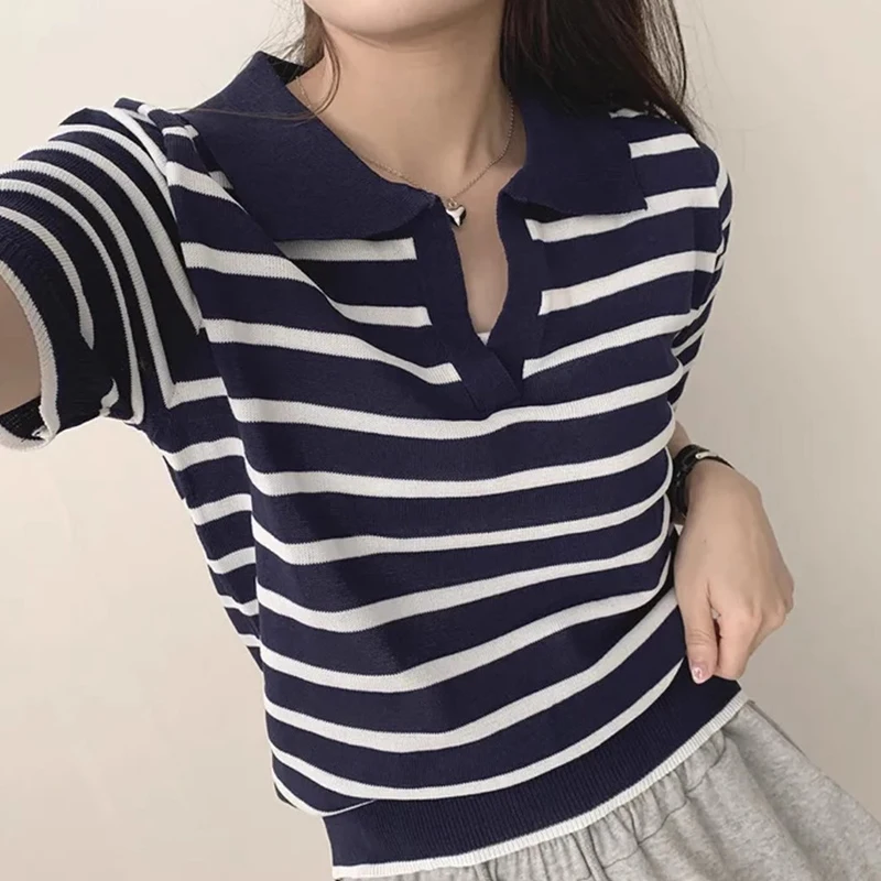 Chic Summer Vintage  Ne Color Blo Casual Loose ort Sve Striped Knitted Top Women's Korean Sle Commute Faion