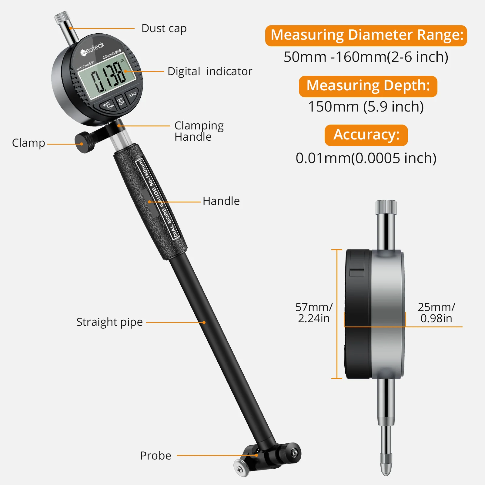 Neoteck 2-6 Inch Digital Indicator Bore Gauges 0.01mm Accuracy Dial Bore Gauge Internal Measurement Cylinder Tool 50-160mm