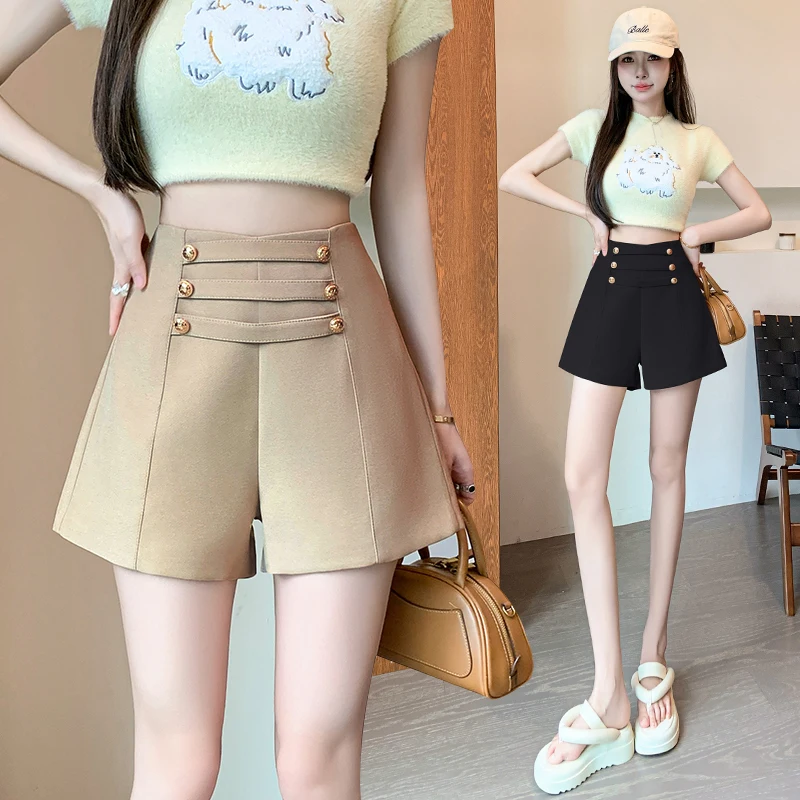 Elegant High Waist Wide Leg Suit Shorts for Women Korean Office Lady Summer Solid A-Line Casual Short Pants