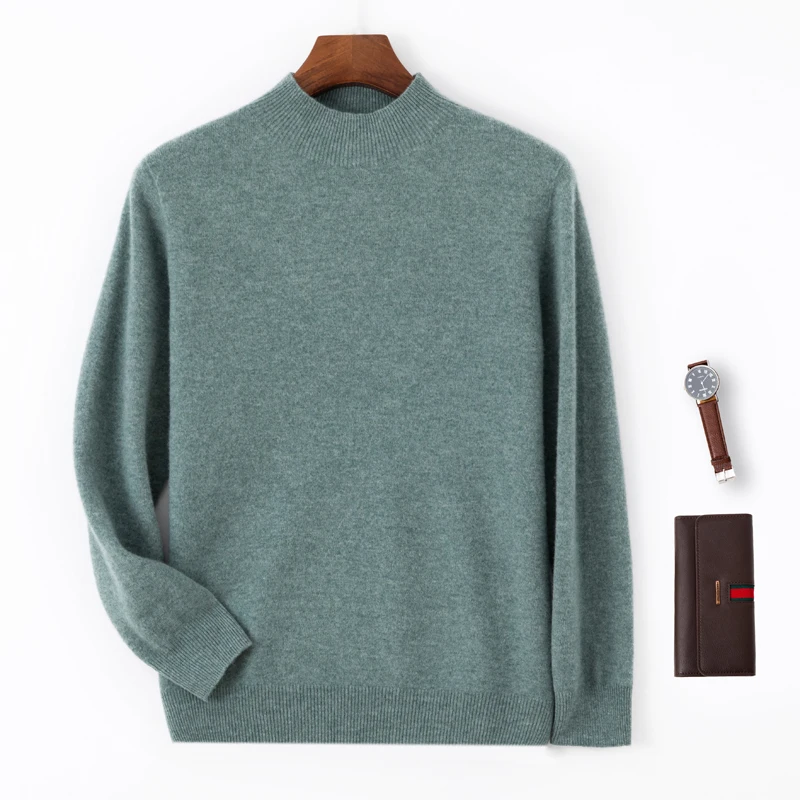 Autumn And Winter New 100% Wool Men's Semi-Turtle Sweater Neck Loose Pullover Knitted Bottoming Shirt Top