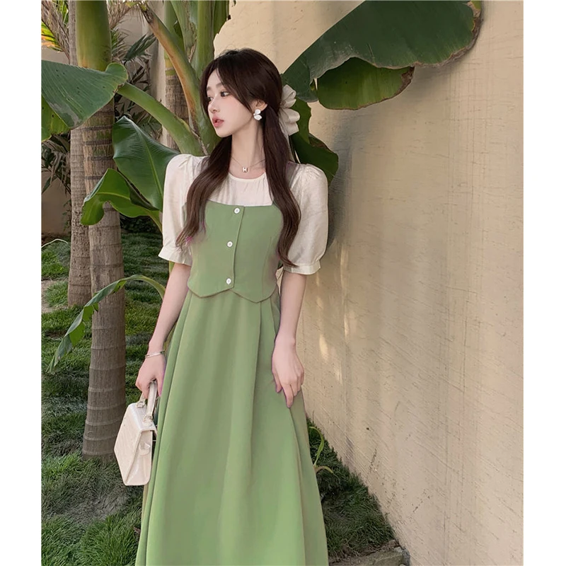 MEXZT Sweet Elegant Dress Women Patchwork Puff Short Sleeve A Line Midi Dress Korean Summer Empire Slim All Match Vestidos New