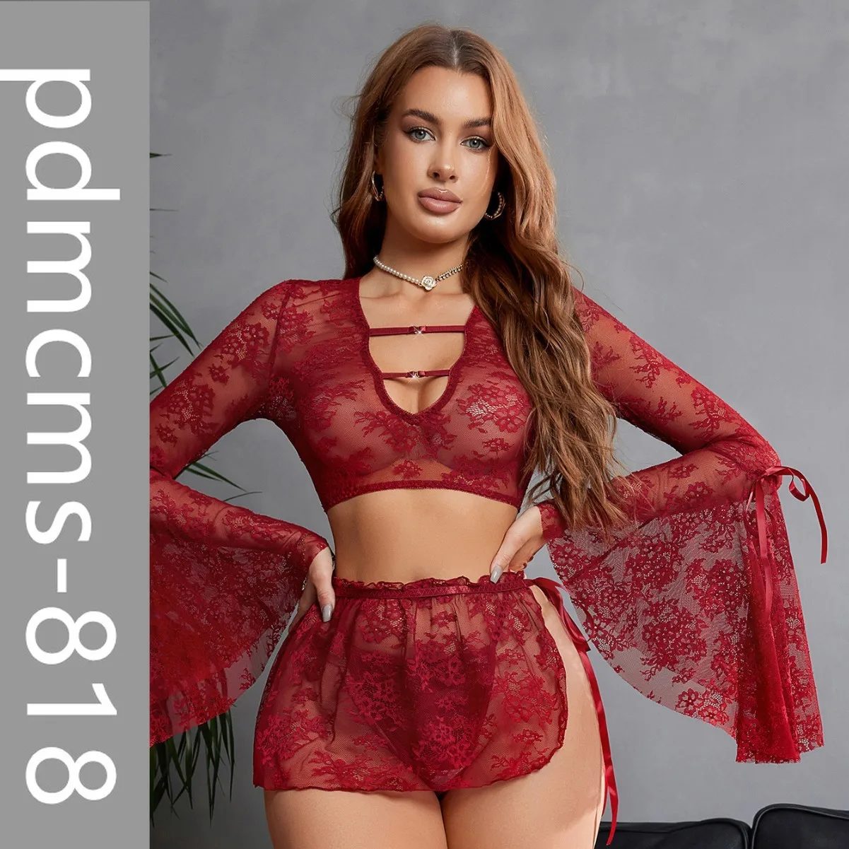 

2025 new models, sexy lingerie, sexy perspective pure desire wind underwear, horn sleeves, lace deep V removable straps, fun und
