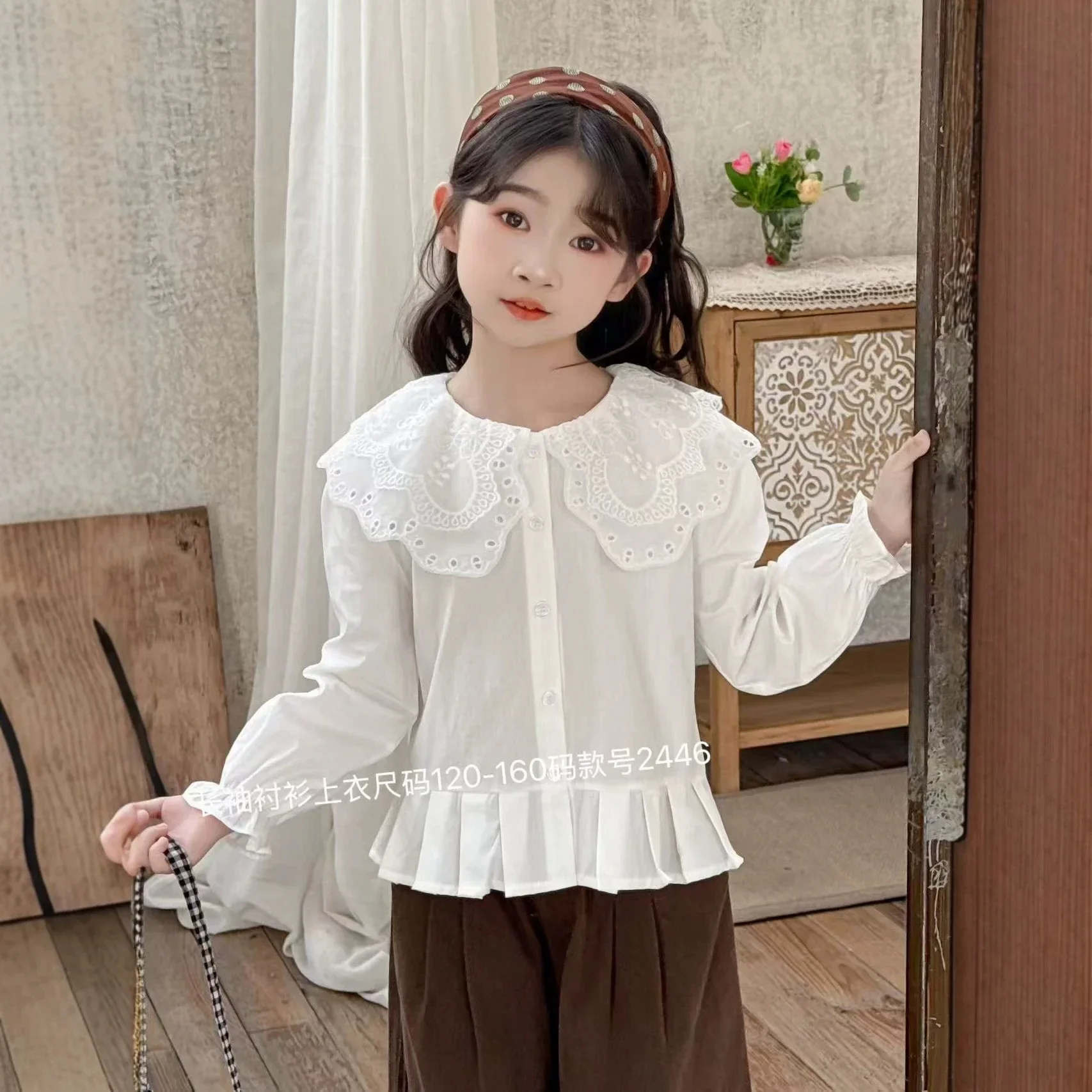 Kid Drawstring Shirt Spring Autumn Solid Color Top Double-layer Large Lapel Girl Shirt Front-button Lace-trim White Autumn Shirt